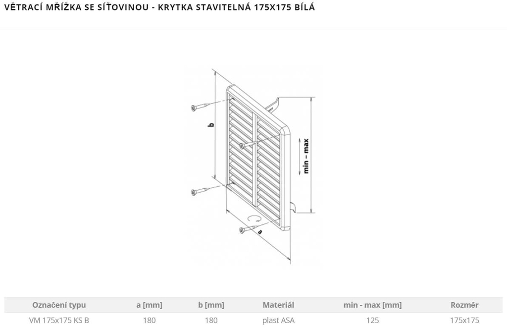Mřížka větrací - krytka stavitelná 175x1...