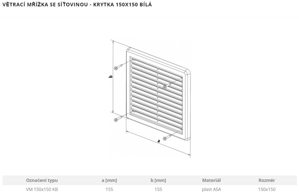 Mřížka větrací - krytka 150x150 se síťov...