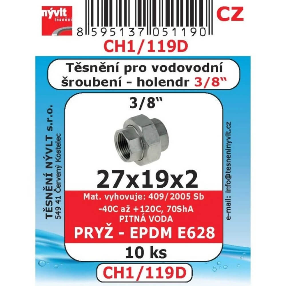 Těsnění vodovodního šroubení 3/8" 27x19x2 10 ks CH1/119D