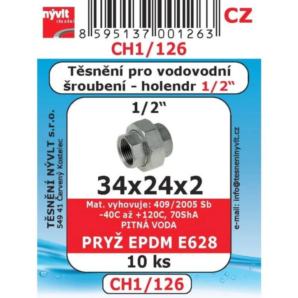 Těsnění vodovodního šroubení 1/2" 34x24x2 10 ks CH1/126