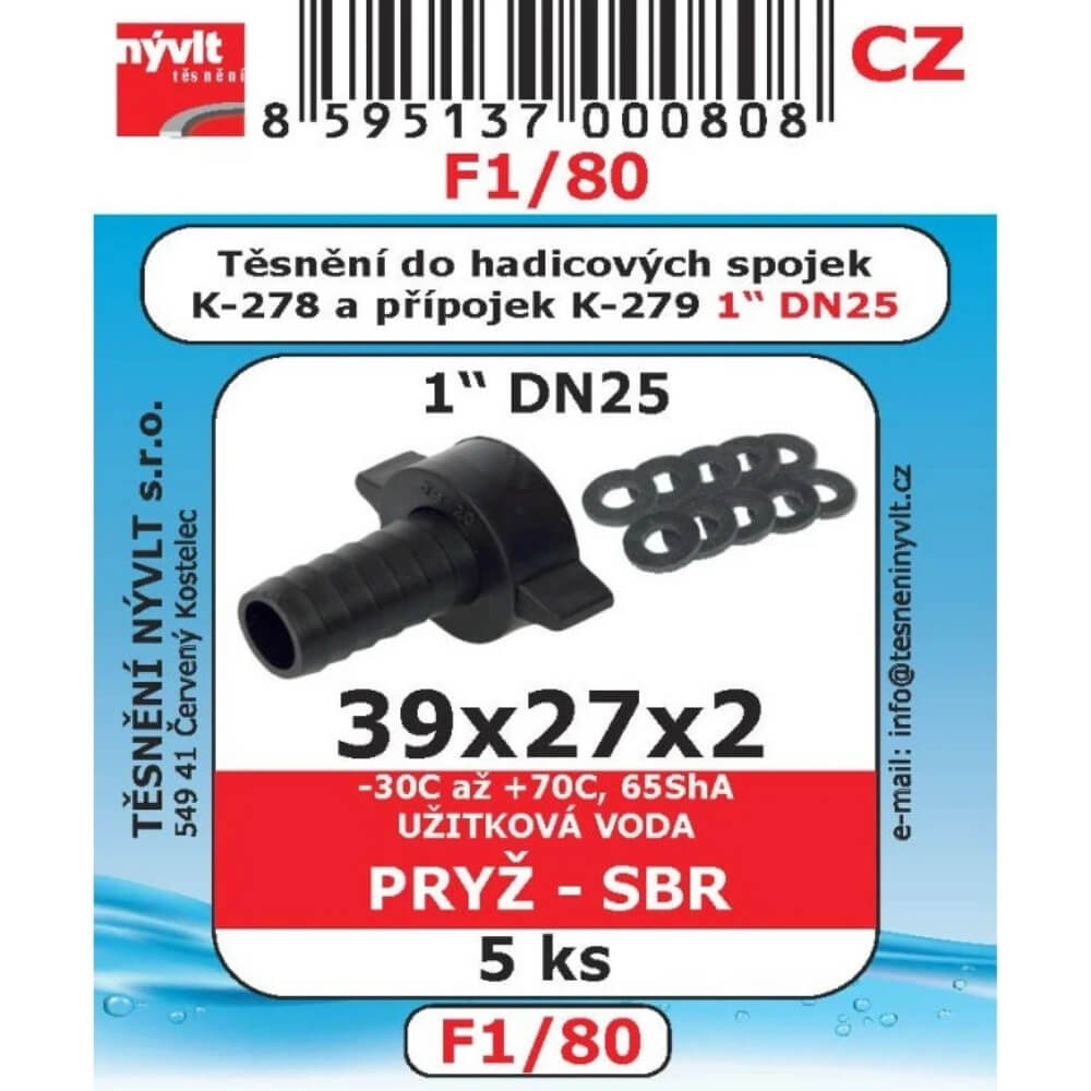 Těsnění hadicových spojek DN25 39x27x2 SBR 5 ks F1/80