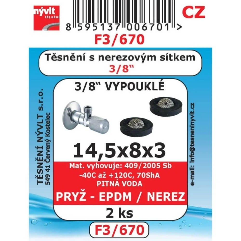 Těsnění s nerez sítkem 3/8" vypouklé 14,5x8x3 2 ks F3/670