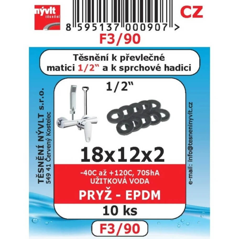 Těsnění k převlečné matici 1/2" 18x12x2 EPDM 10 ks F3/90
