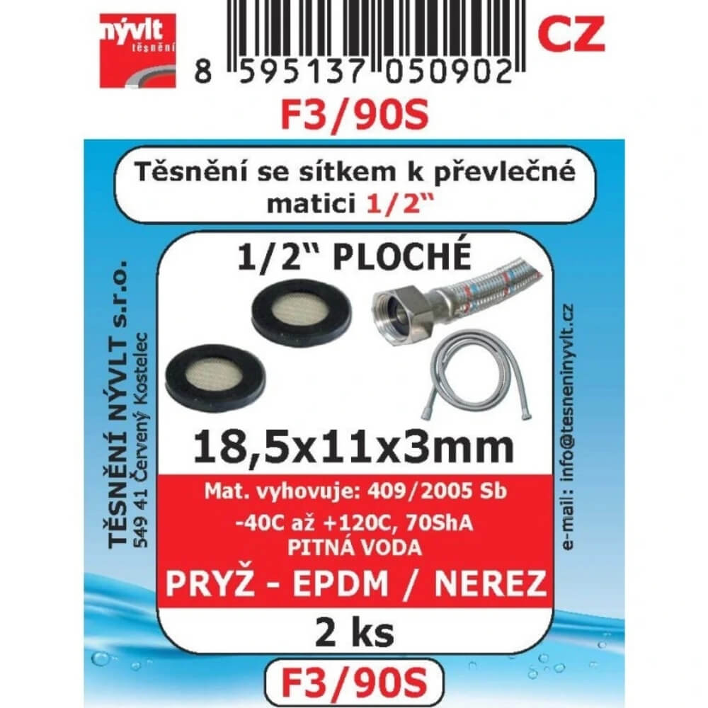 Těsnění s nerez sítkem k převlečné matici 1/2" ploché 18,5x11x3 2 ks F3/90S