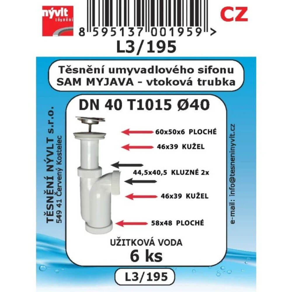 Těsnění umyvadlového sifonu Myjava DN40 T1015 sada 6 ks L3/195