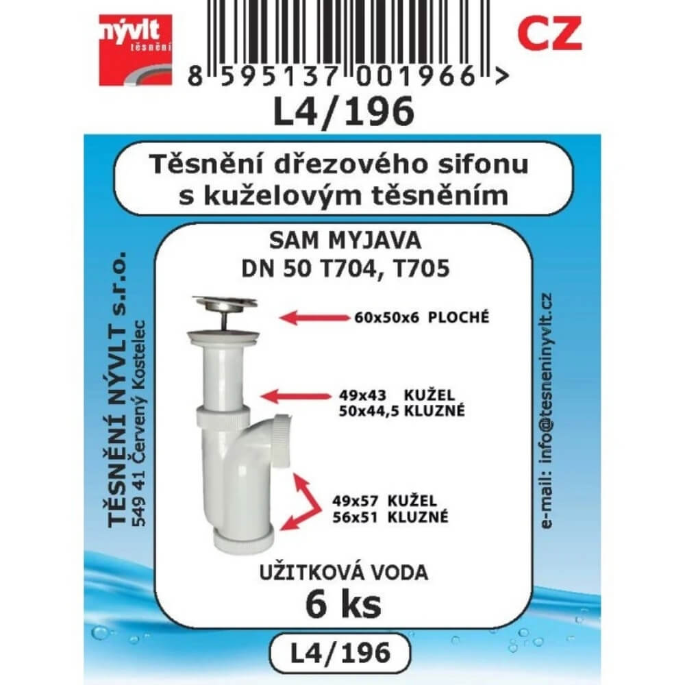 Těsnění dřezového sifonu Myjava DN50 (T704, T705) sada 6 ks L4/196