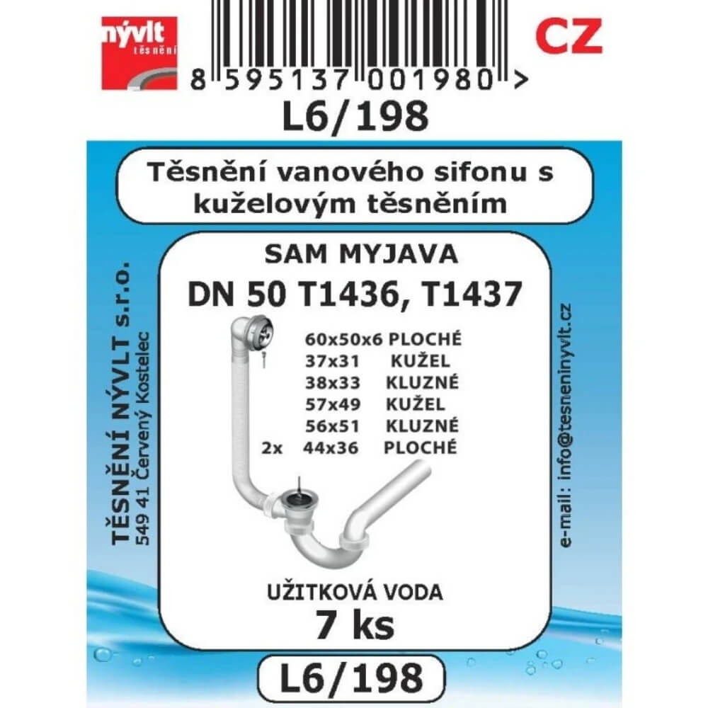Těsnění vanového sifonu Myjava DN 50 (T1436, T1437) sada 7 ks L6/198