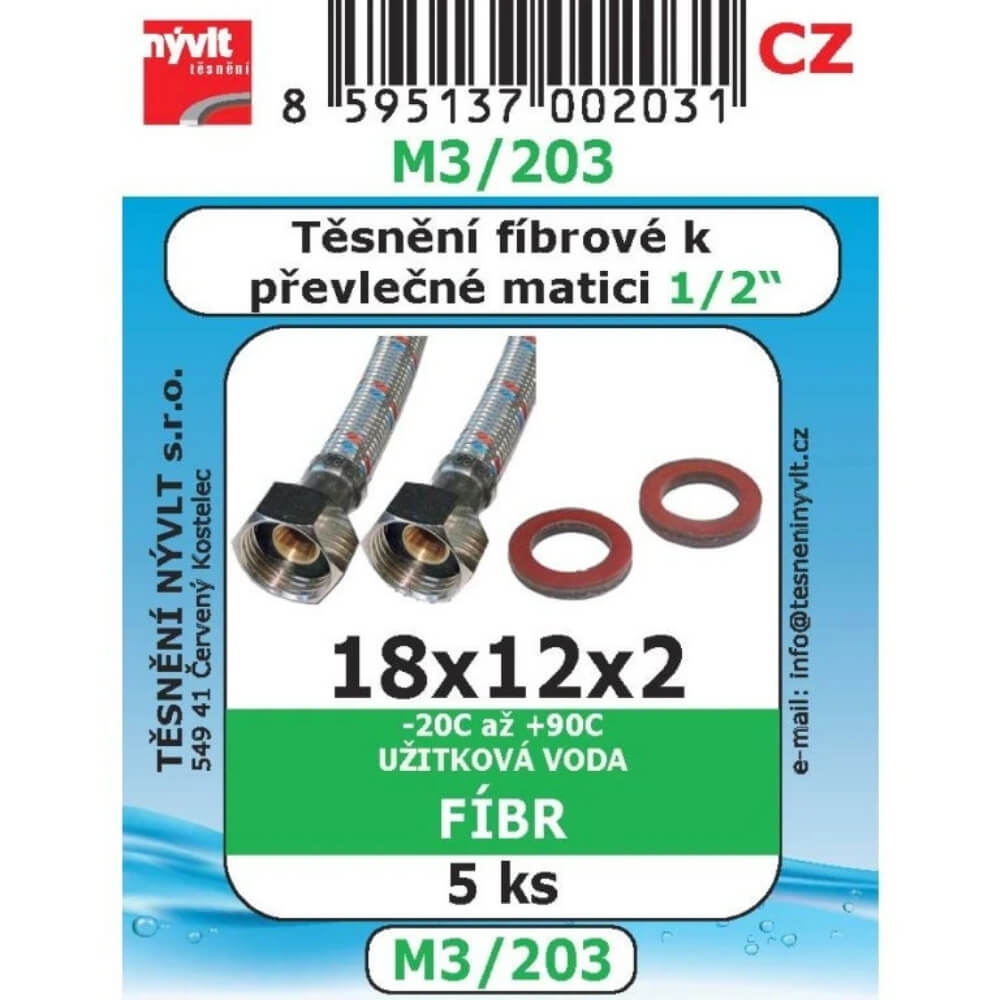 Těsnění fíbr 1/2" do převlečných matic 18x12x2 5 ks M3/203