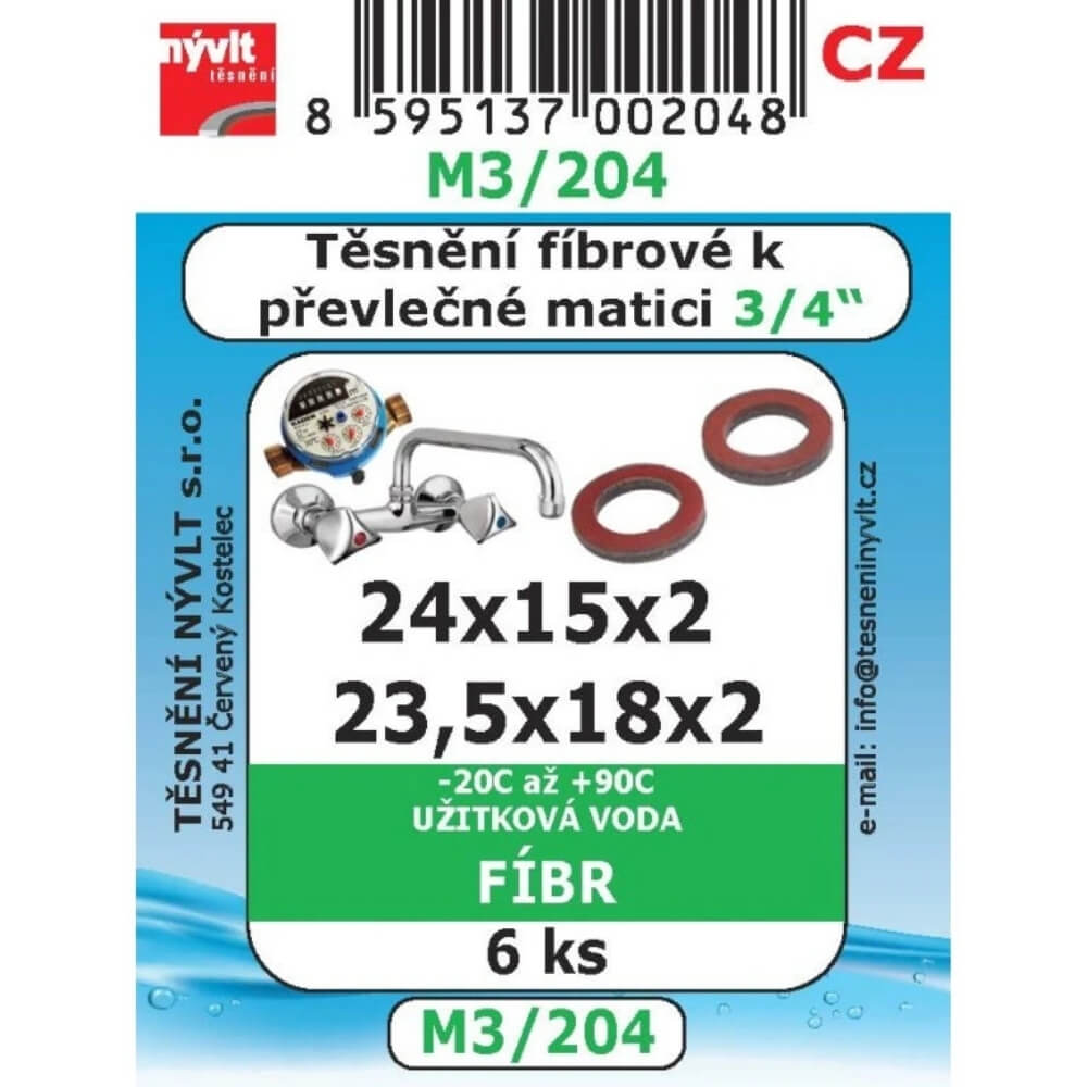 Těsnění fíbr 3/4" do převlečných matic 24x15x2 + 23,5x18x2 6 ks M3/204