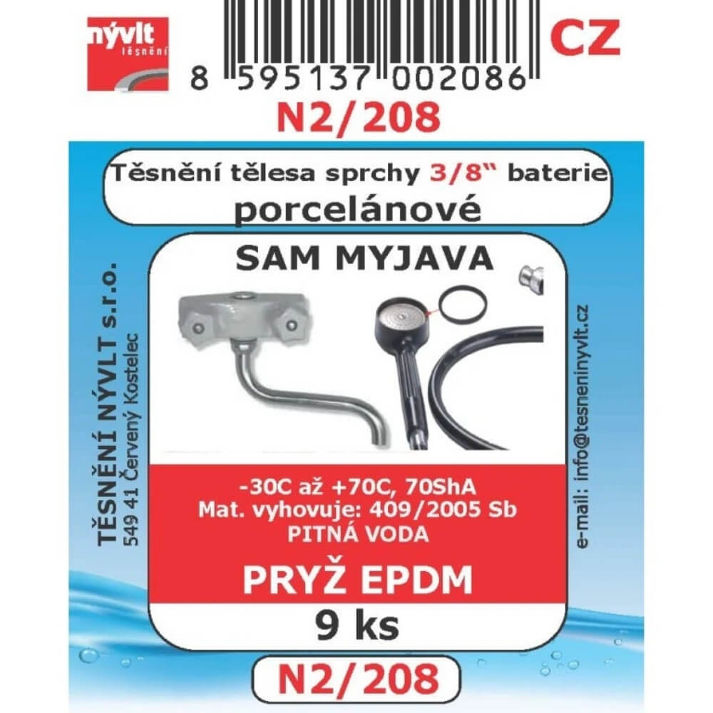 Těsnění tělesa sprchy pro porcelánovou baterii 3/8" EPDM 9 ks N2/208