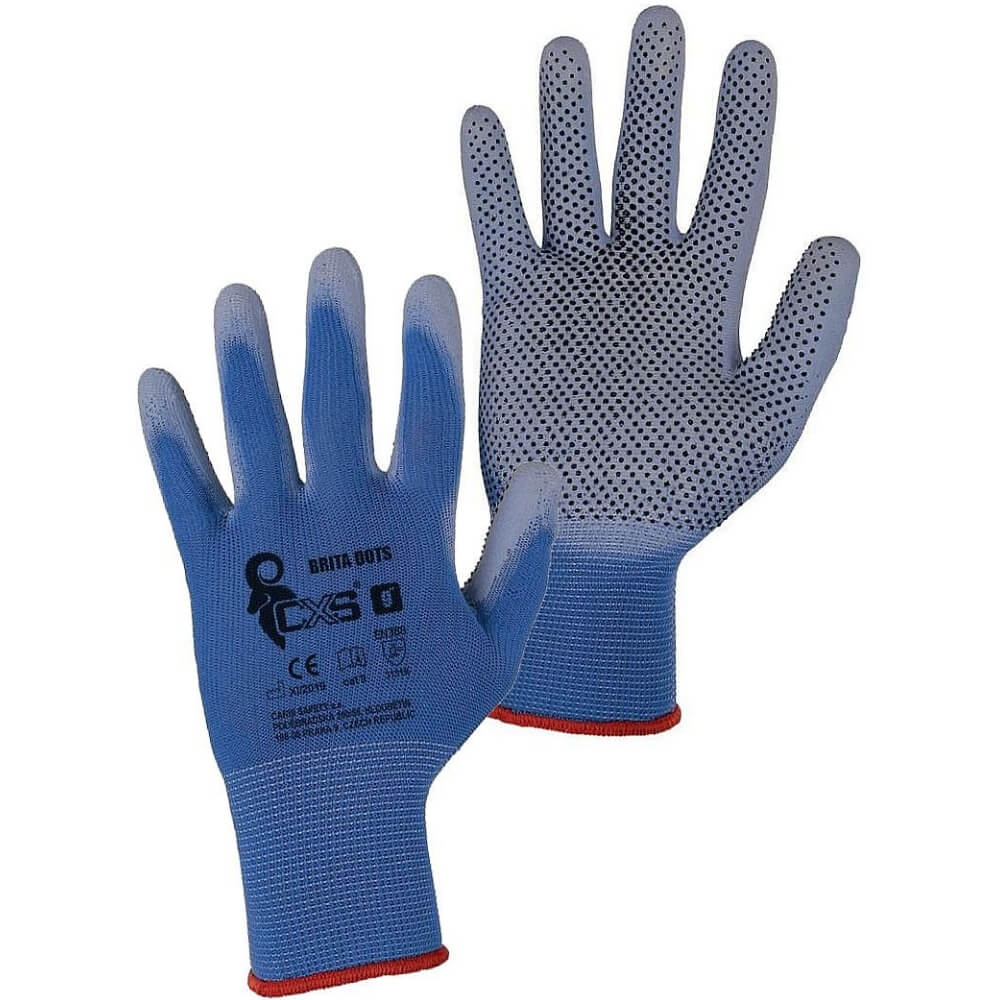 Pracovní rukavice BRITA DOTS, bezešvé, PU povrstvení s PVC terčíky, vel. 10–11