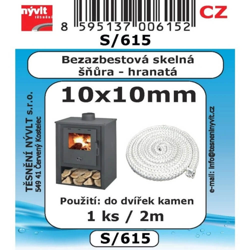 Skelná šňůra bezazbestová 10x10 mm hranatá, 2 m S/615