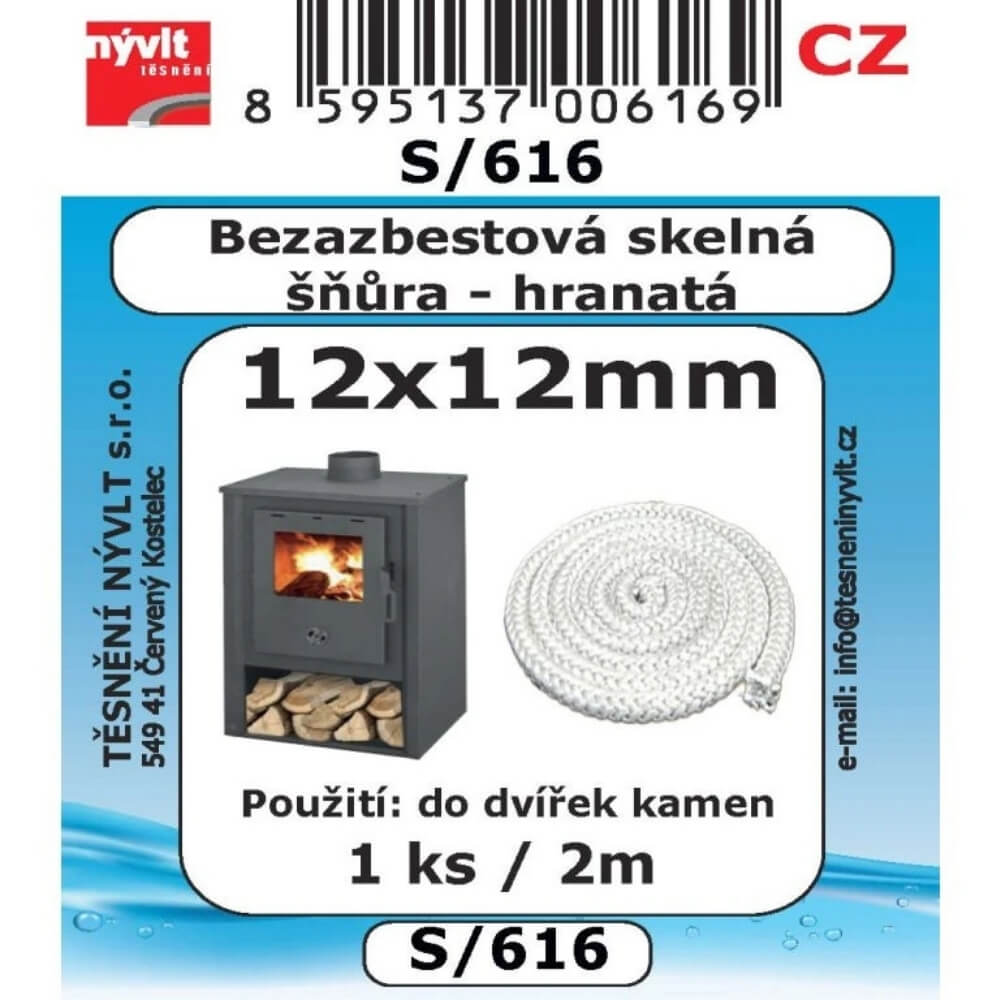 Skelná šňůra bezazbestová 12x12 mm hranatá, 2 m S/616