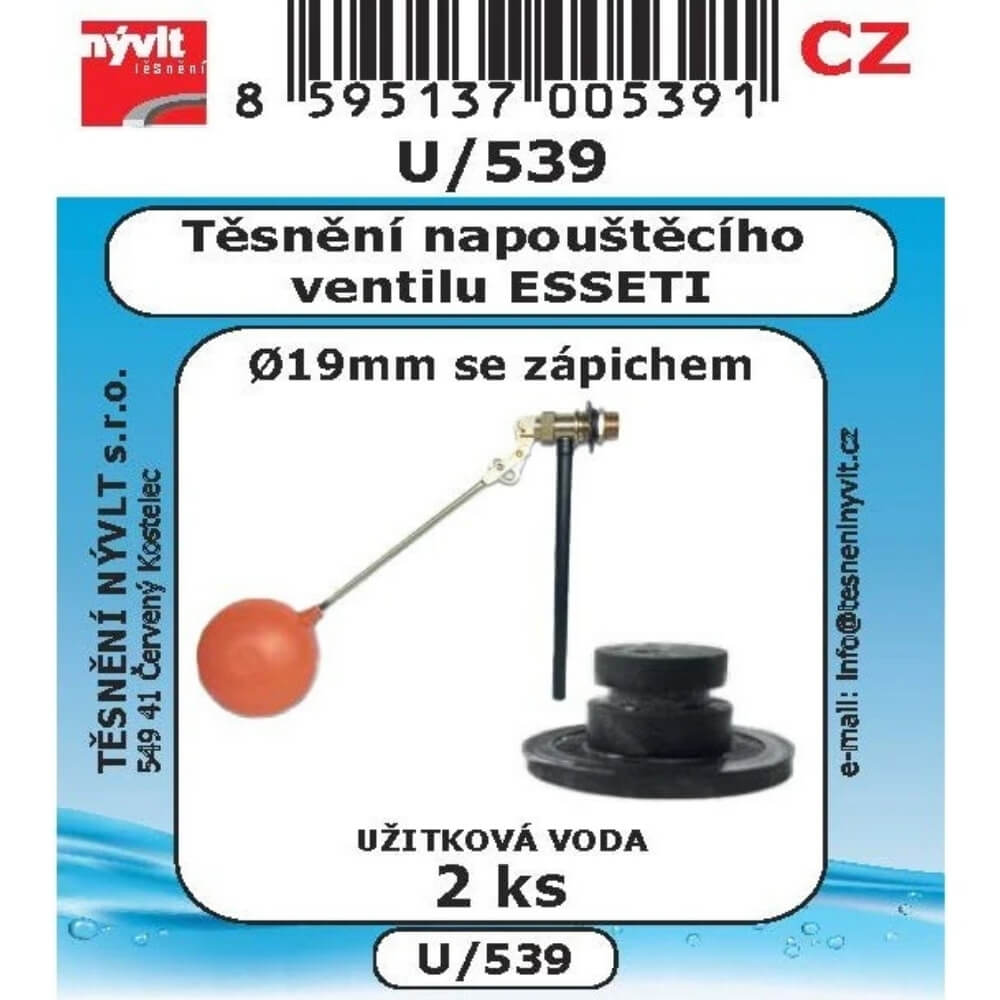 Těsnění napouštěcí ventil ESSETI pr. 19 mm se zápichem sada 2 ks U/539