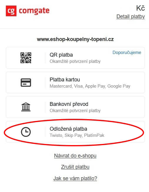 Odložená platba pomocí ComGate