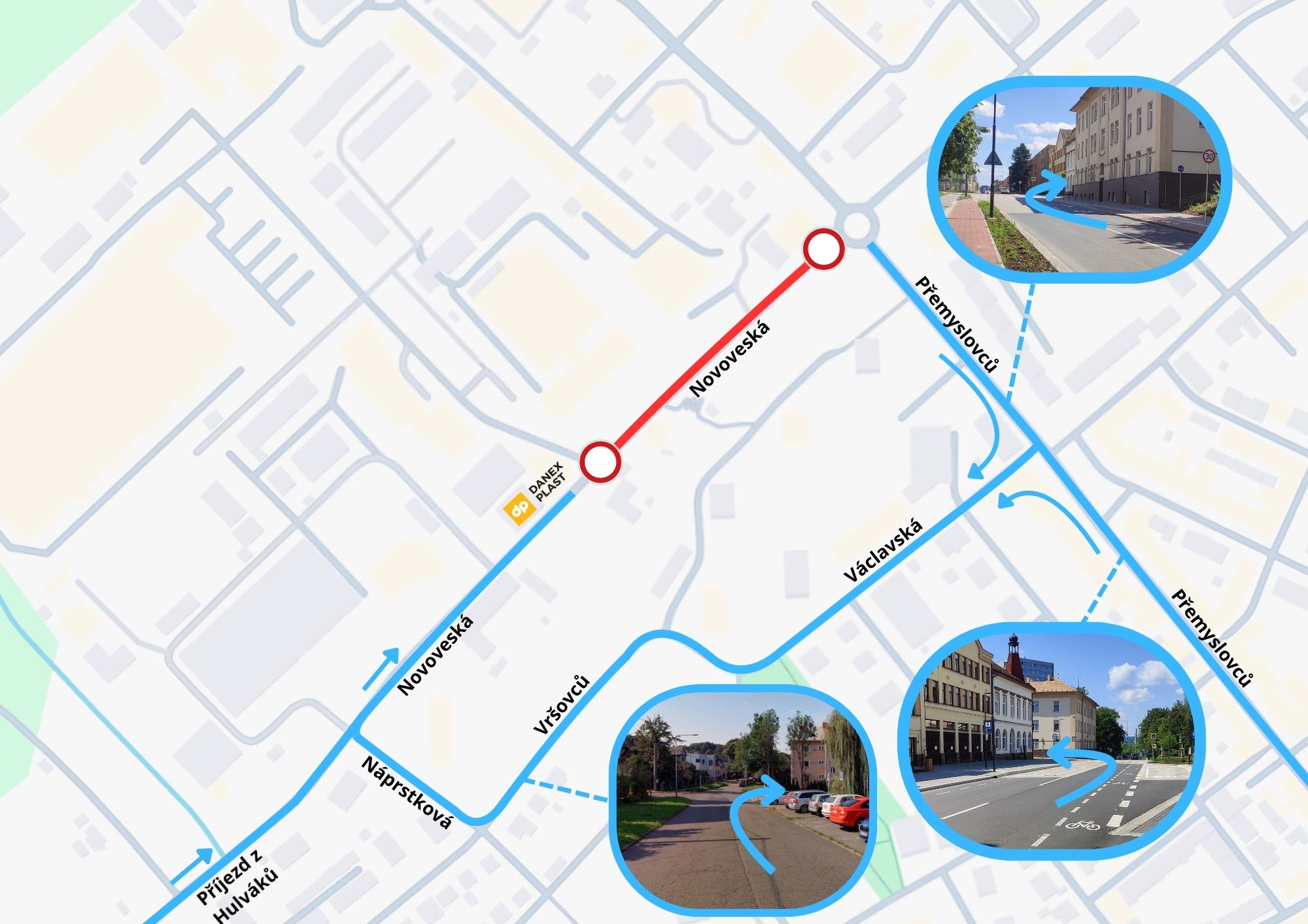 Mapa objízdné trasy k areálu DANEX-PLAST Ostrava