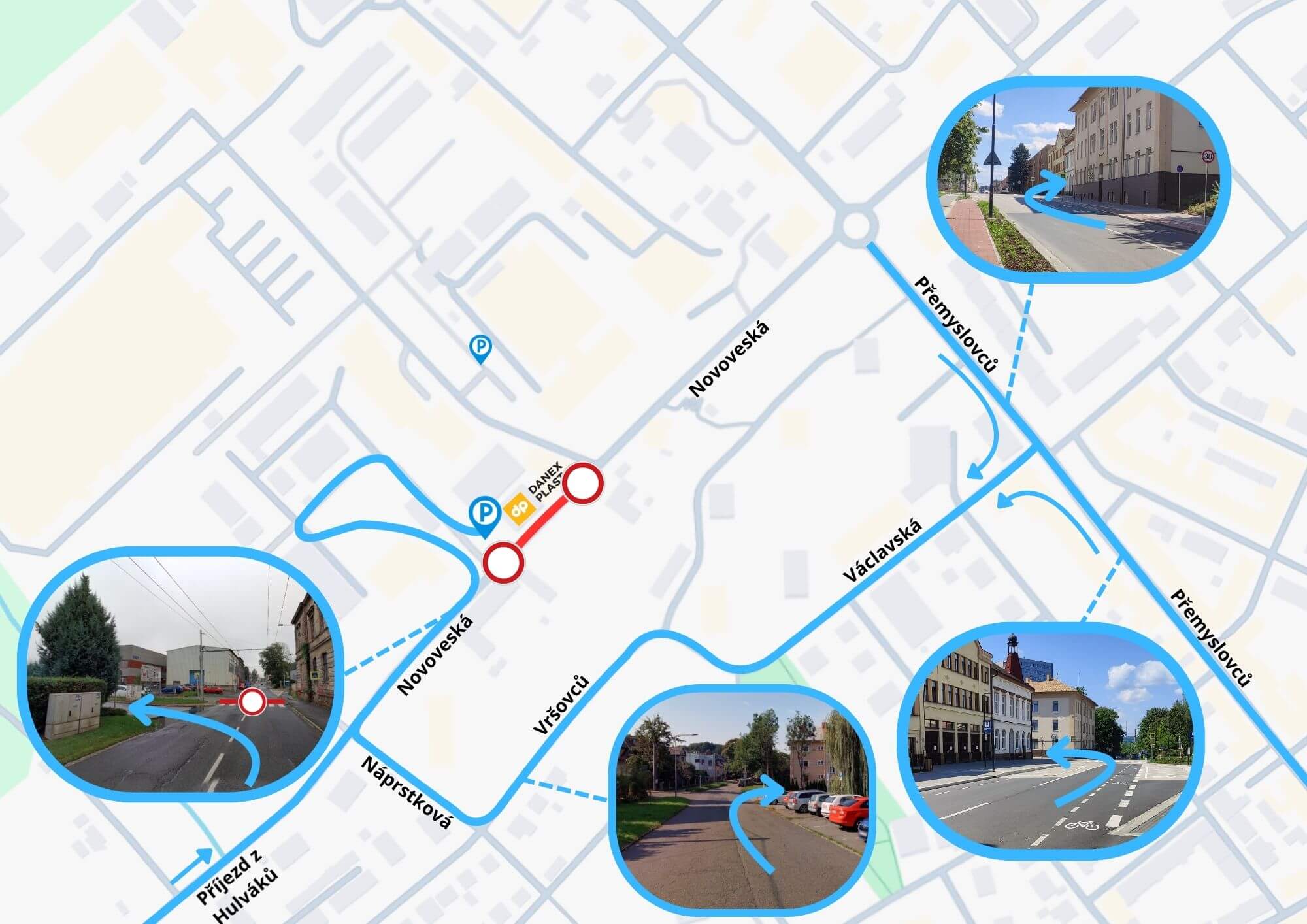 Mapa objízdné trasy k areálu DANEX-PLAST Ostrava